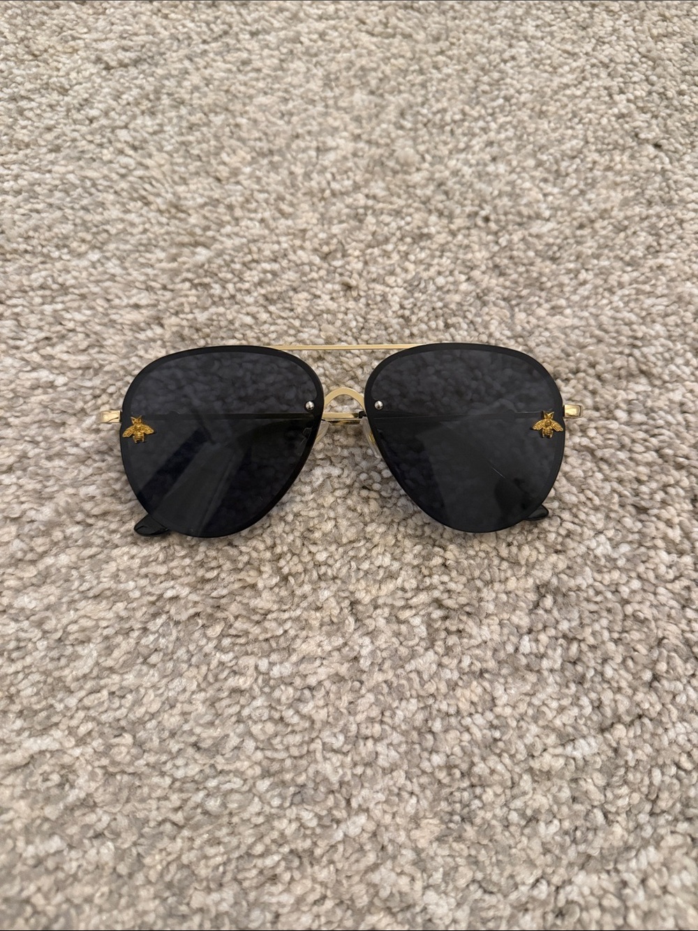 Gold Frame Black Lens Aviator Sunglasses with Bumble Bee Accent